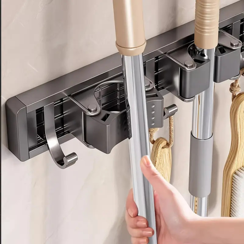 Wall Mounted Mop & Broom Holder with Hooks and Clips | Space-Saving Cleaning Tool Organiser for Home & Utility Rooms