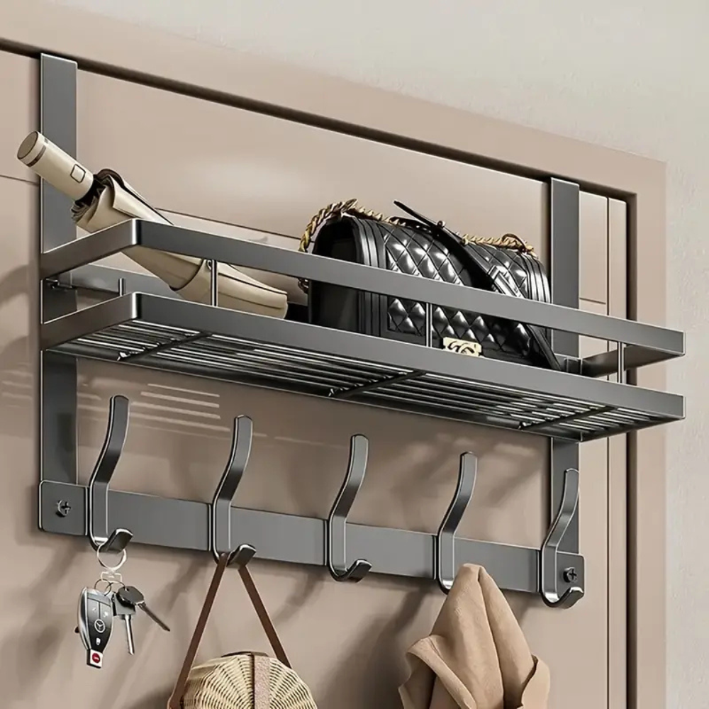 Storage Shelf with Hooks | Wall Mounted Metal Storage Shelf with Hooks for Bathroom, Kitchen & Hallway