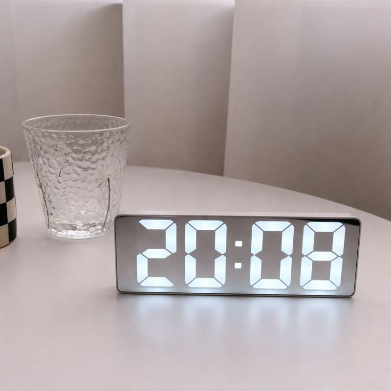 LED Digital Alarm Clock with Mirror Finish | Large Display Bedside Clock, Adjustable Brightness