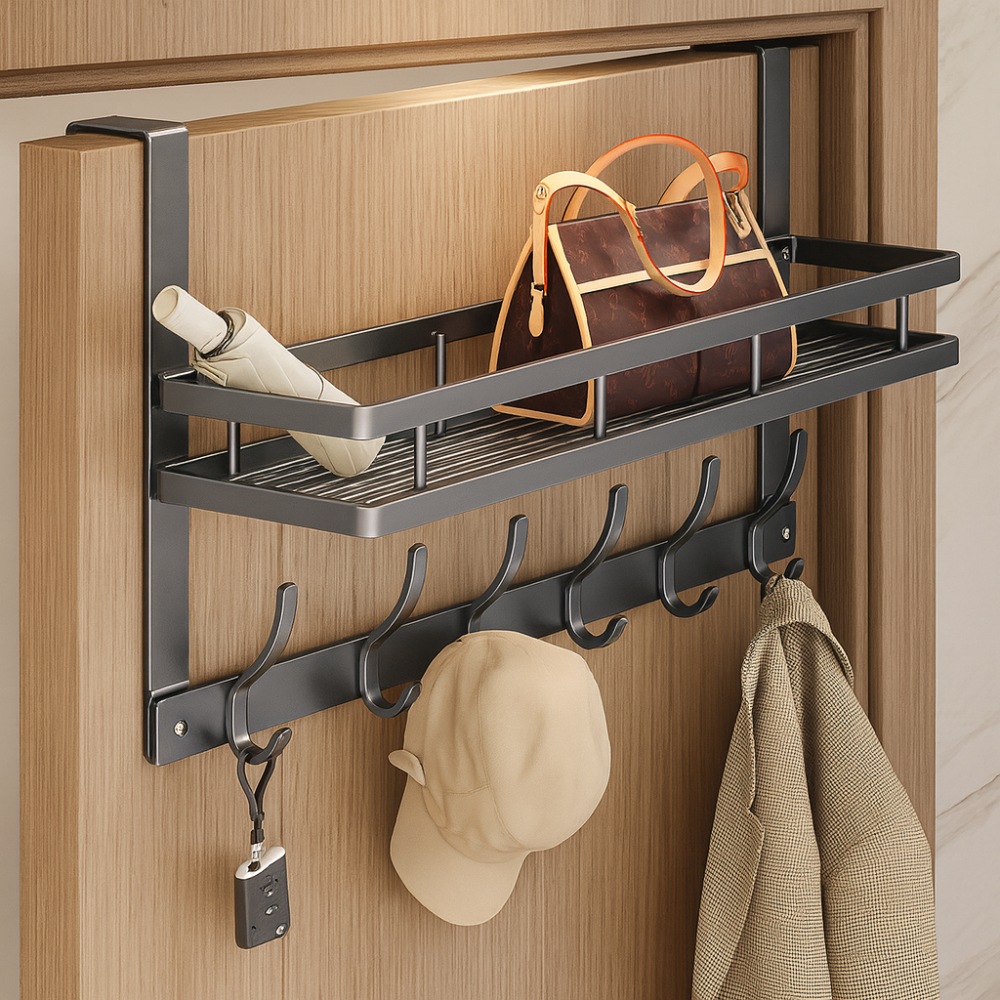 Storage Shelf with Hooks | Wall Mounted Metal Storage Shelf with Hooks for Bathroom, Kitchen & Hallway