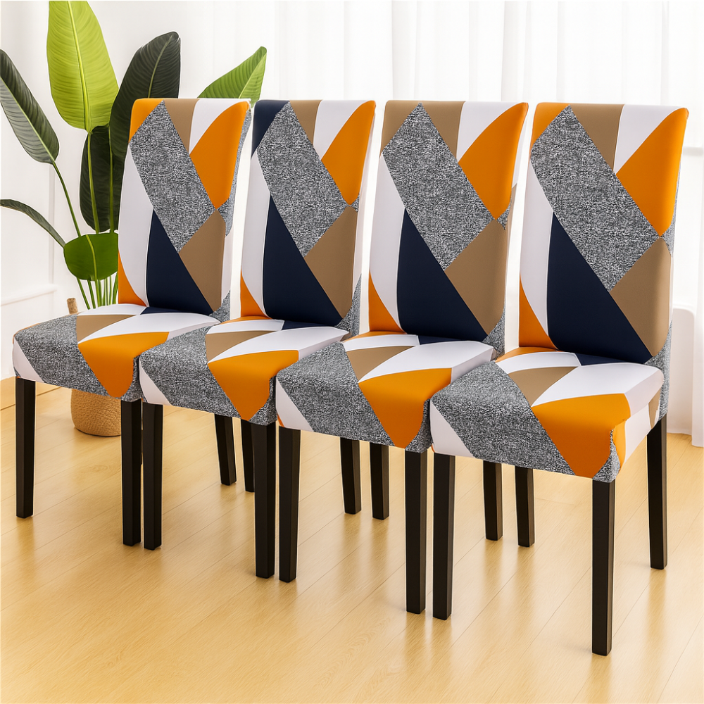 Chair Covers – Set of 4 | Stretch Geometric Dining Chair Covers with Elastic Fit for Home & Kitchen