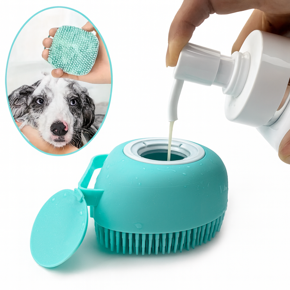 Silicone Pet Bath Brush with Shampoo Dispenser – Gentle Cleaning & Massage for Dogs & Cats