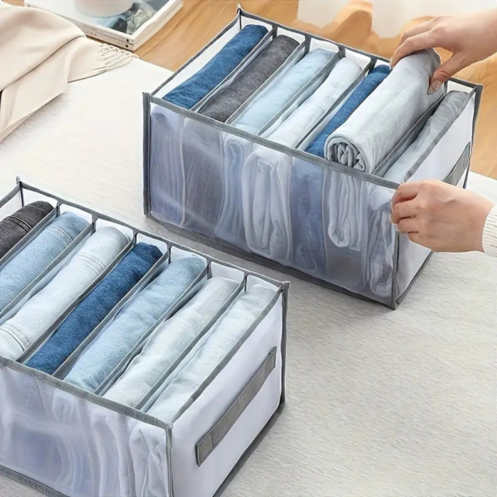 Foldable Clothes Storage Organiser with 7 Compartments – Fabric Wardrobe & Drawer Organiser for Jeans, Trousers & Clothes