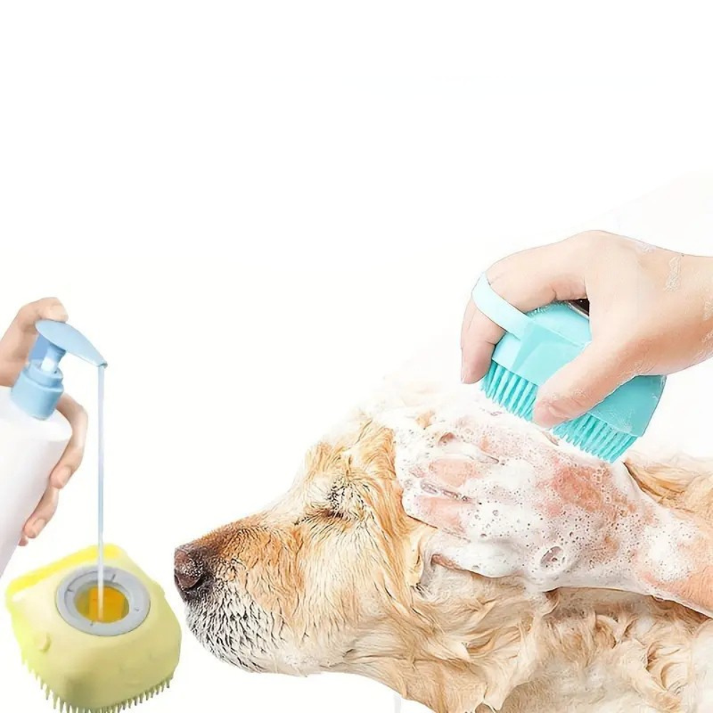 Silicone Pet Bath Brush with Shampoo Dispenser – Gentle Cleaning & Massage for Dogs & Cats