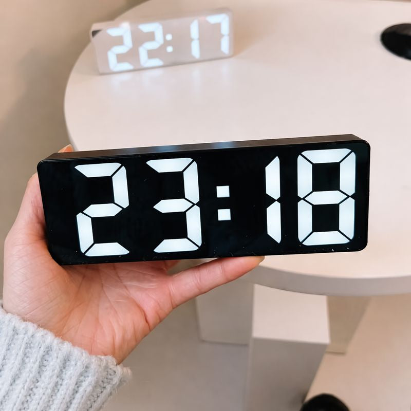 LED Digital Alarm Clock with Mirror Finish | Large Display Bedside Clock, Adjustable Brightness